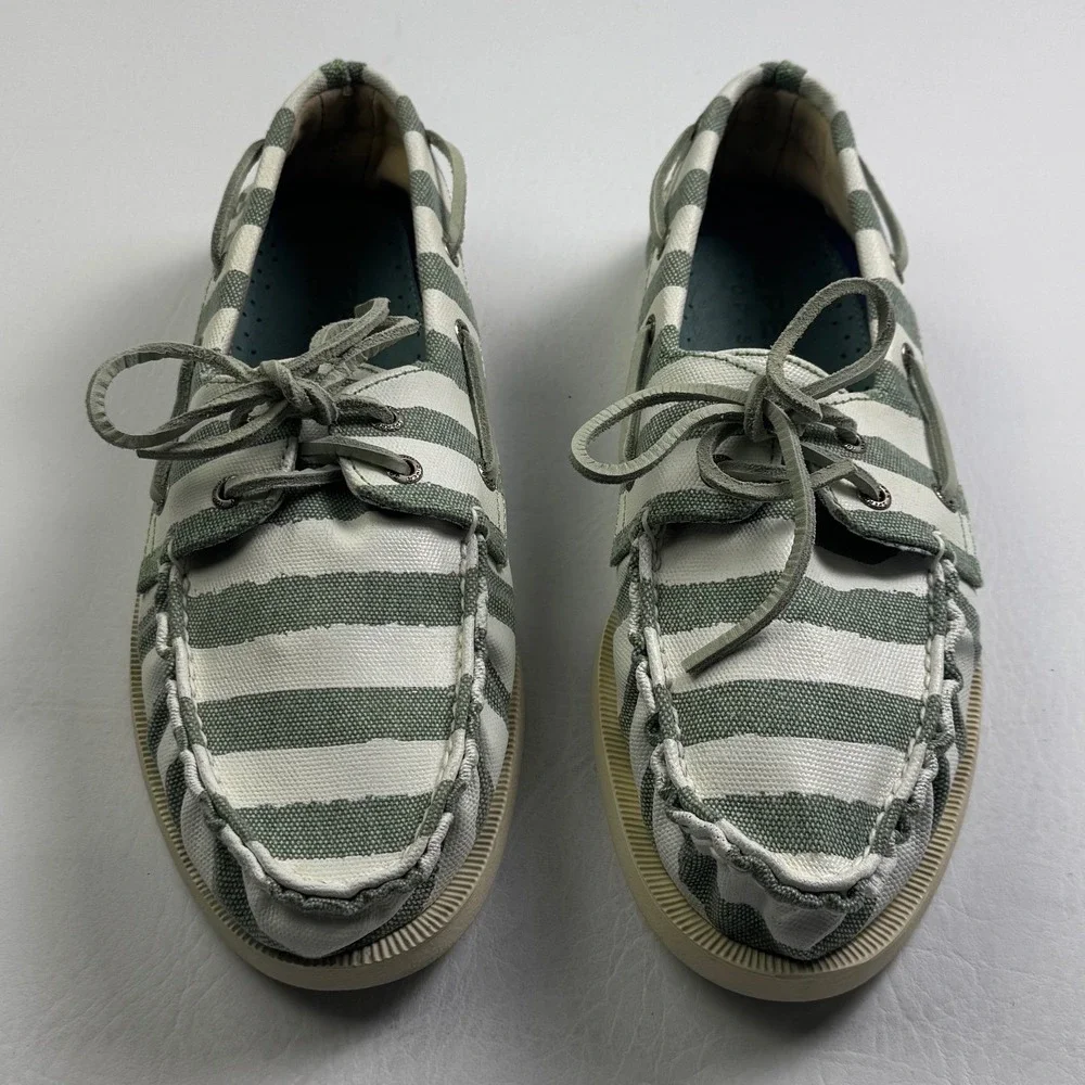 Sperry Top-Sider Striped Canvas Boat Shoes Green White Mens 10.5 M 10281584